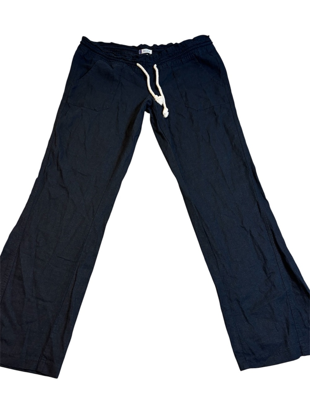 Roxy Oceanside Black Linen Blend Wide Leg Beach Pants Drawstring Medium